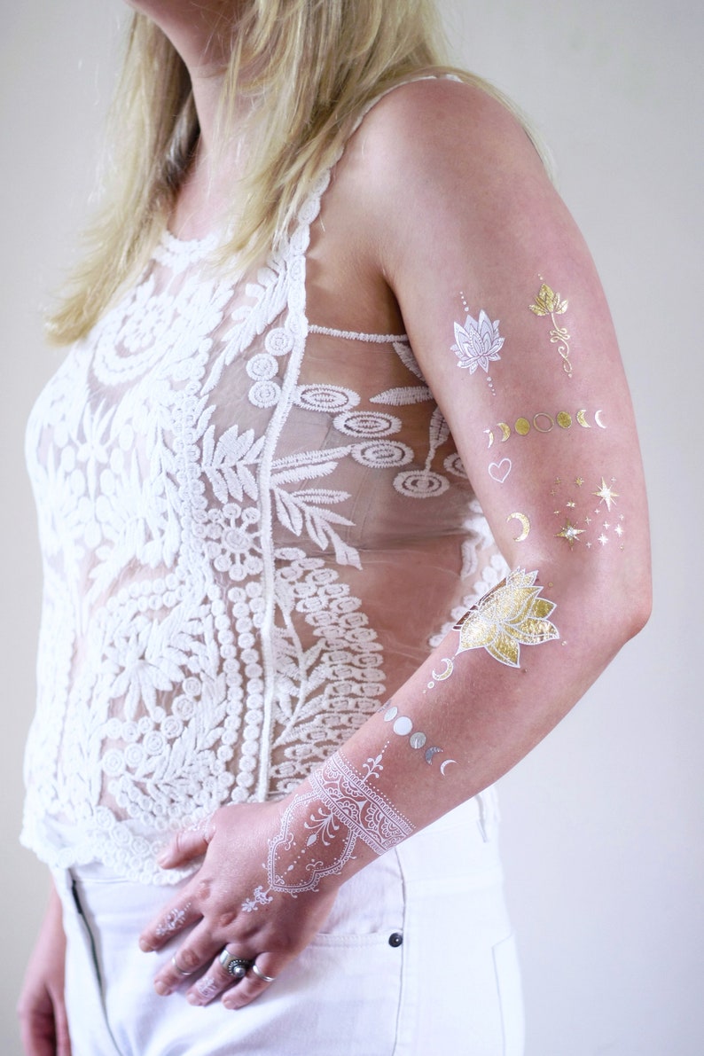 Metallic temporary tattoo set metallic temporary tattoos gold tattoos silver tattoo white tattoo set gift set bohemian Gift image 1