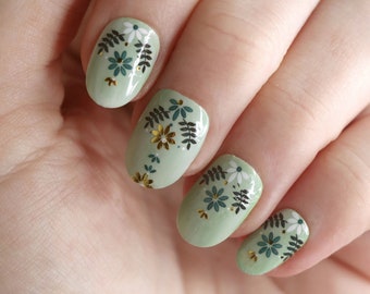 Blue white and gold floral pattern waterslide nail decals | flower water slide nail decal | botanical floral nails | folk art nail art