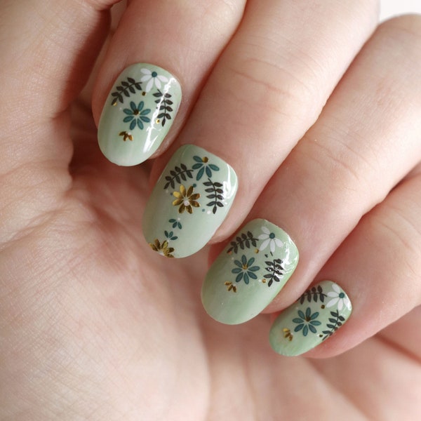Blue white and gold floral pattern waterslide nail decals | flower water slide nail decal | botanical floral nails | folk art nail art