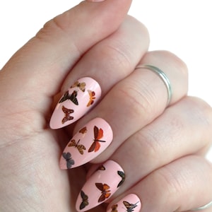 May include: Pink stiletto false nails with butterfly and dragonfly designs.