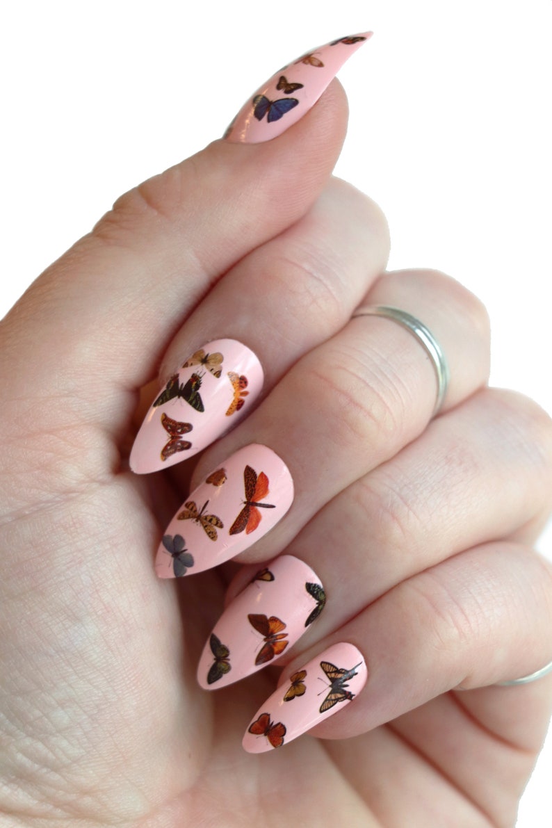 May include: Pink stiletto false nails with butterfly and dragonfly designs.