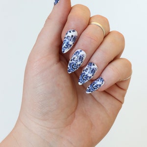 Delft Blue Flower Waterslide Nail Decals DIY Nail Art Floral Nail Stickers Waterslide Nail Transfers something blue wedding Gift image 3