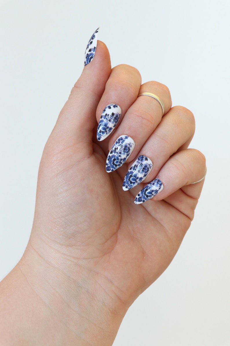 Delft Blue Flower Waterslide Nail Decals DIY Nail Art Floral Nail Stickers Waterslide Nail Transfers something blue wedding Gift image 3