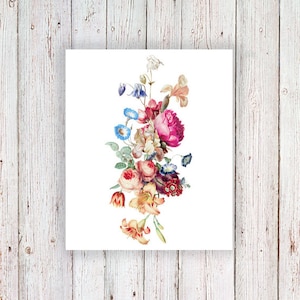 May include: A vintage illustration of a bouquet of flowers. The bouquet features pink, red, and yellow roses, blue and white bellflowers, and orange lilies. The flowers are arranged in a cascading style.