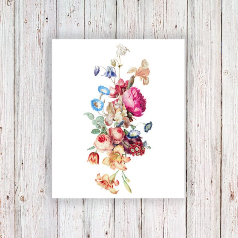 May include: A vintage illustration of a bouquet of flowers. The bouquet features pink, red, and yellow roses, blue and white bellflowers, and orange lilies. The flowers are arranged in a cascading style.