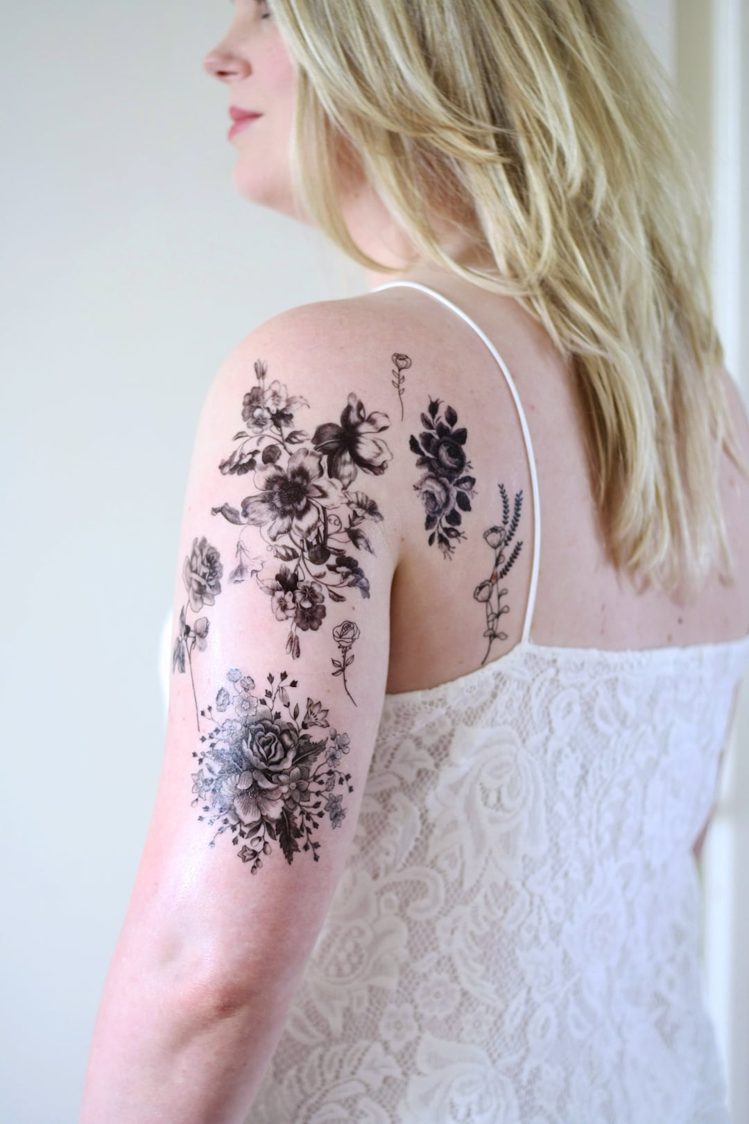 Black and White Floral Temporary Tattoo Set / Vintage Floral Temporary ...