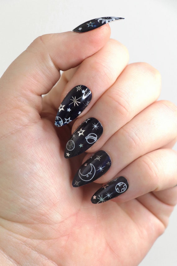 White And Silver Moon Sun And Stars Nail Tattoos White Star Etsy