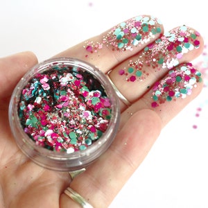 Biodegradable chunky face glitter in 'Unicorn' Pink, blue and silver biodegradable face glitter cosmetic grade face glitter Gift image 4