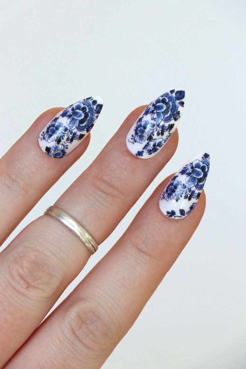 Delft Blue Flower Waterslide Nail Decals DIY Nail Art Floral Nail Stickers Waterslide Nail Transfers something blue wedding Gift image 4