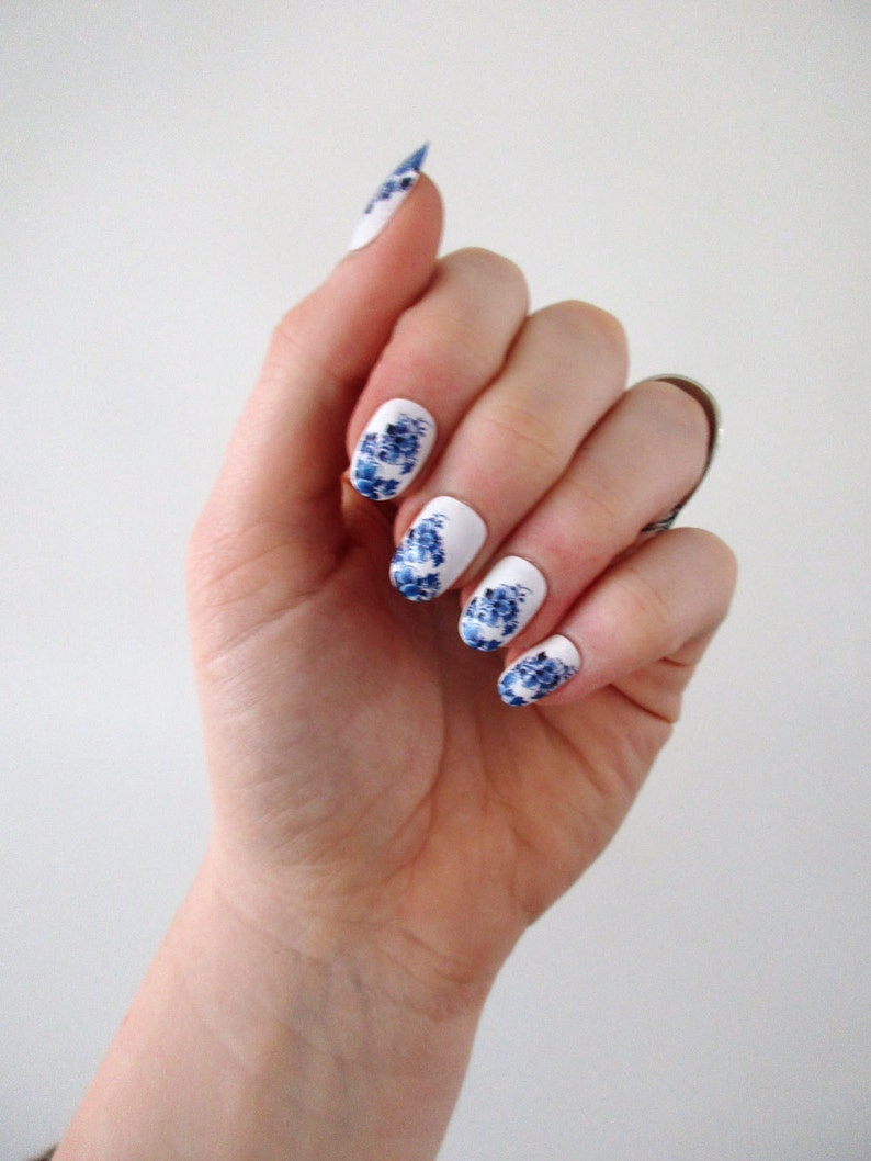 Delft Blue Flower Waterslide Nail Decals DIY Nail Art Floral Nail Stickers Waterslide Nail Transfers something blue wedding Gift image 6