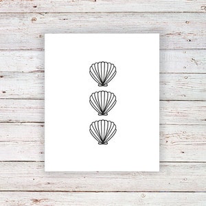 May include: Three black and white outline illustrations of seashells stacked vertically on a white background.
