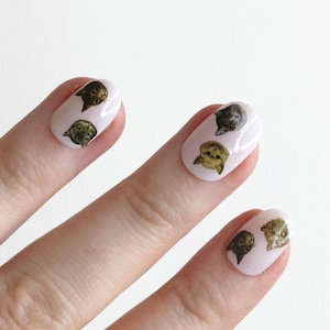 May include: Close-up of a hand with four fingernails painted white and decorated with cat face nail stickers. The stickers feature different colored cats with brown, green, and gray fur.