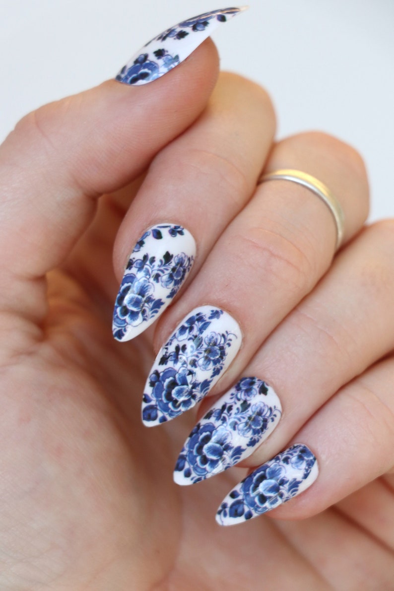 Delft Blue Flower Waterslide Nail Decals DIY Nail Art Floral Nail Stickers Waterslide Nail Transfers something blue wedding Gift image 1