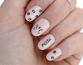 cat waterslide nail decals | Meow water slide nail decals | cat nail art | cats nails | paw nail stickers | cat gift | cat lady nail decals