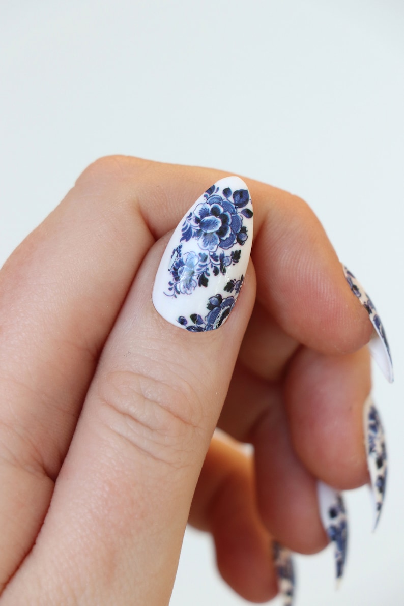 Delft Blue Flower Waterslide Nail Decals DIY Nail Art Floral Nail Stickers Waterslide Nail Transfers something blue wedding Gift image 5