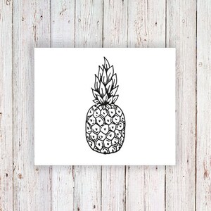 May include: A black and white line drawing of a pineapple with a spiky top and a textured body.