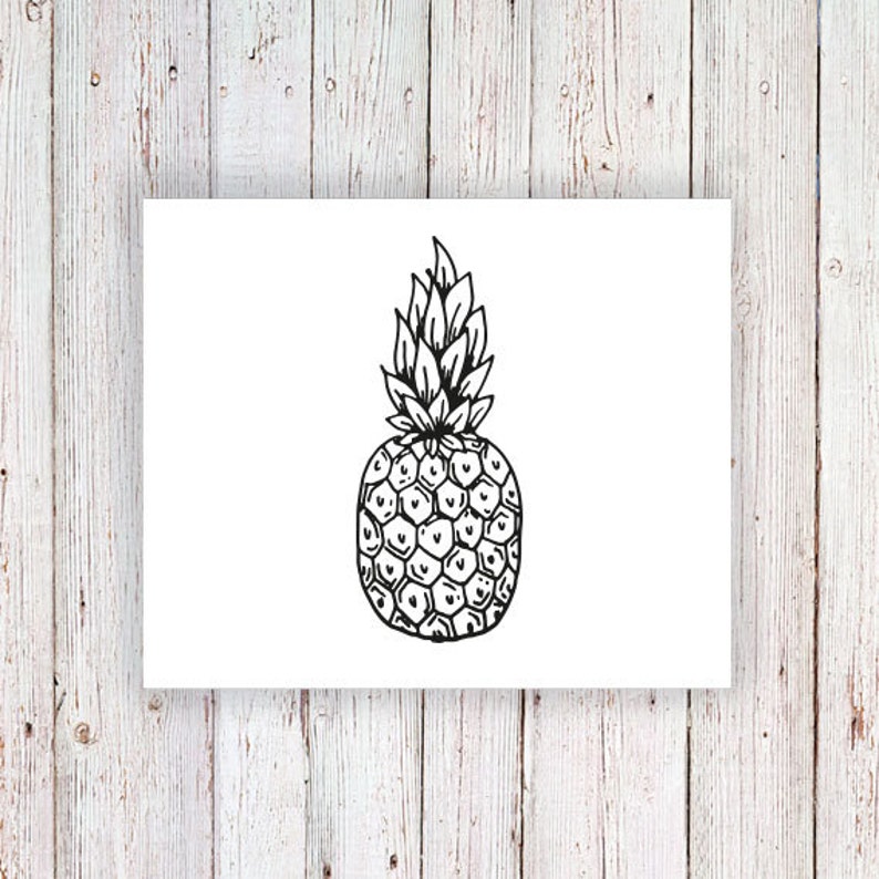 May include: A black and white line drawing of a pineapple with a spiky top and a textured body.