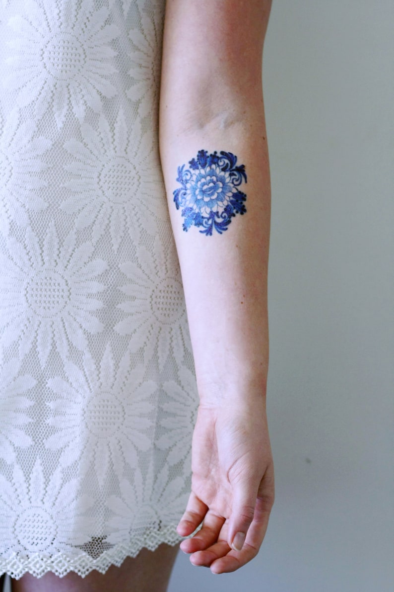 Delft Blue temporary tattoo floral temporary tattoo flower temporary tattoo blue gift idea something blue boho temporary tattoo image 4