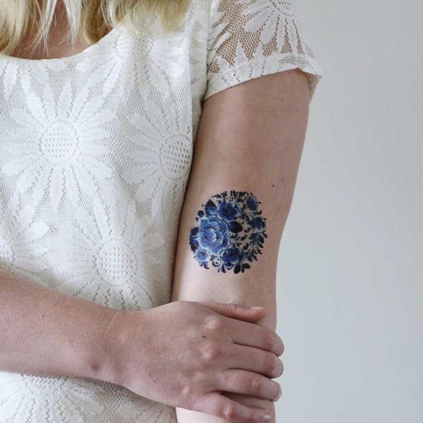 Delft Blue temporary tattoo | floral temporary tattoo | flower temporary tattoo | something blue | Dutch gift | boho temporary tattoo | Gift