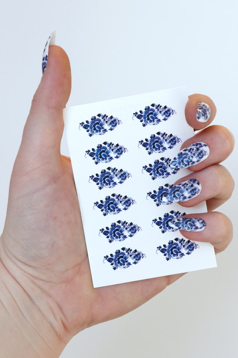 Delft Blue Flower Waterslide Nail Decals DIY Nail Art Floral Nail Stickers Waterslide Nail Transfers something blue wedding Gift image 8