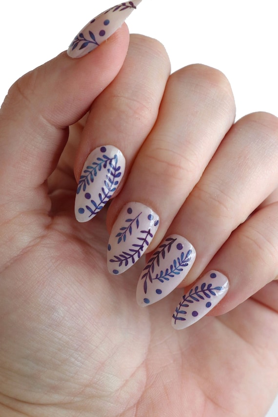 Blue leaves waterslide nail decals | Delft blue leaf nail stickers | botanical nail art | flower water slide nail decal | floral nails