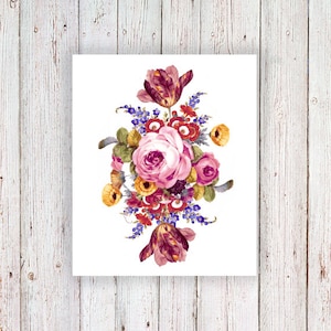 May include: A symmetrical floral arrangement with pink, red, yellow, and purple flowers. The flowers are arranged in a bouquet shape with a single pink rose in the center.