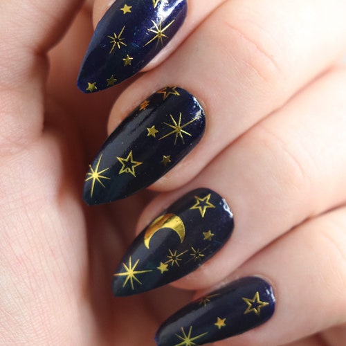 Moon and Stars Nail Tattoos / Gold Nail Decals / Nail Art / Etsy