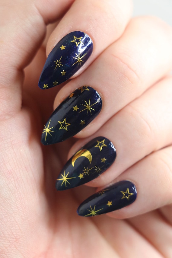 Gold Celestial Moon and Stars Waterslide Nail Decals | Bohemian Nail Art Stickers | Festival Self Care | Gold Star Nail Designs | Gift