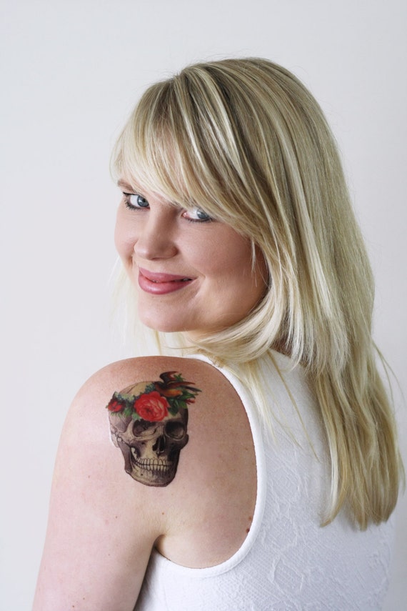 Skull temporary tattoo / floral skull temporary tattoo