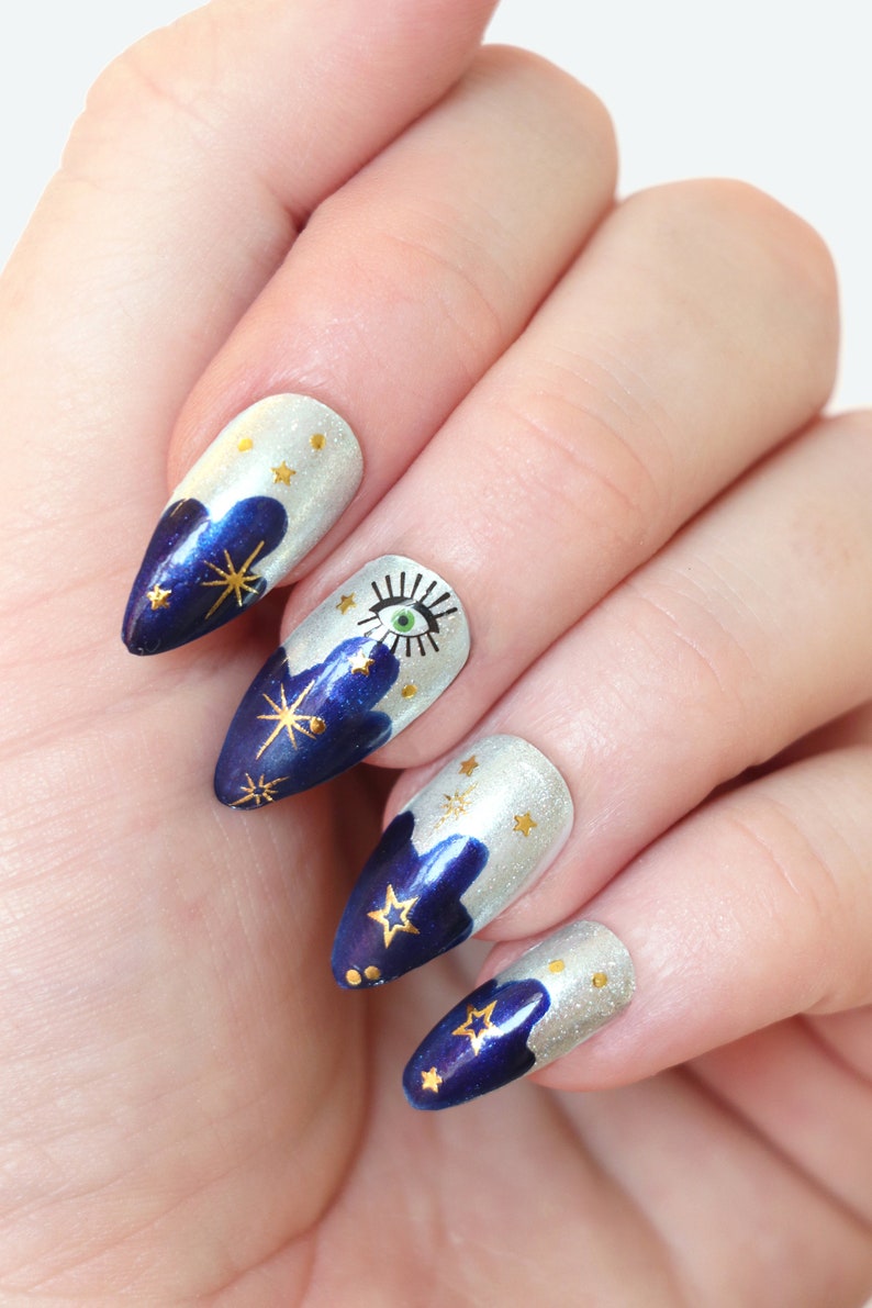 Stars Moon and Eye Nail Tattoos / Gold Nail Decals / Nail Art Etsy