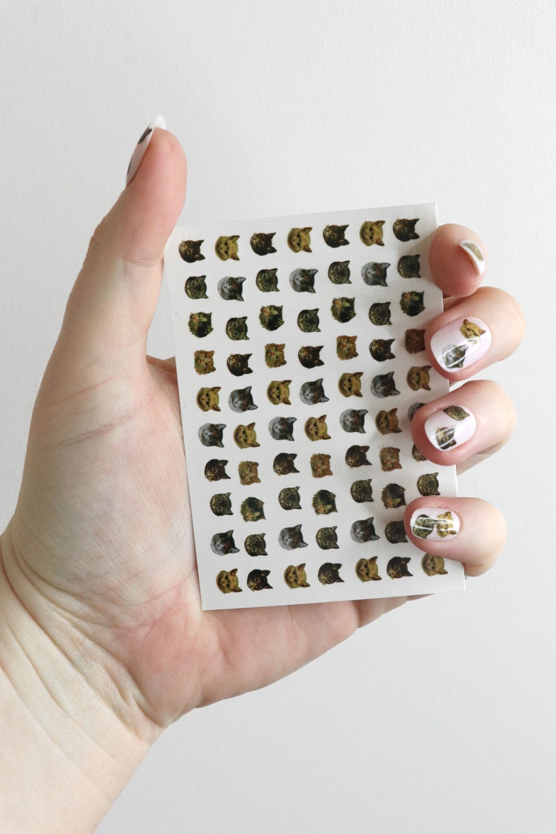 May include: A sheet of nail stickers with a grid of 48 cat faces. The cats are in various colors and patterns, including brown, black, white, and gray.
