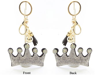 Crown Puffy Tassel Key Chain with Rhinestones on both sides