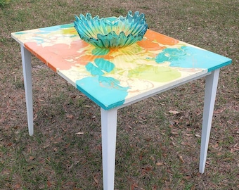 Custom hand painted and epoxied Vintage Mid Century Modern Small Dinette Dining Table 3D Abstract Paint Epoxy Art Wood Desk