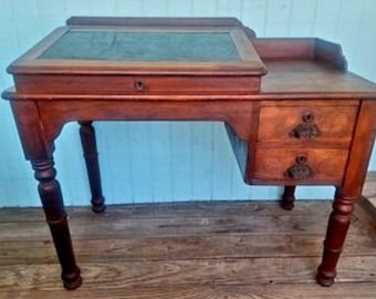 Antique Victorian 1890s Writing secretary teachers desk flip top leather inlay English