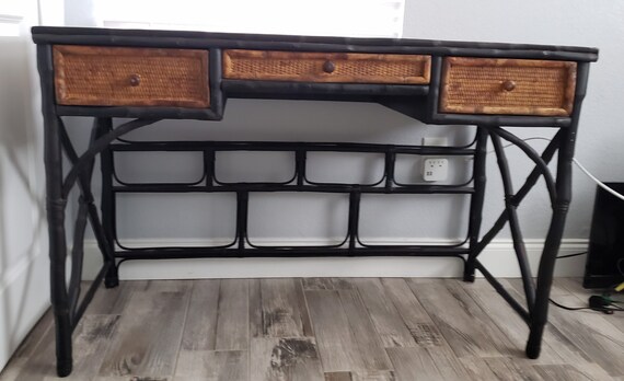 Mid Century Style Bamboo Desk With Black Trim Vanity Mcm Etsy