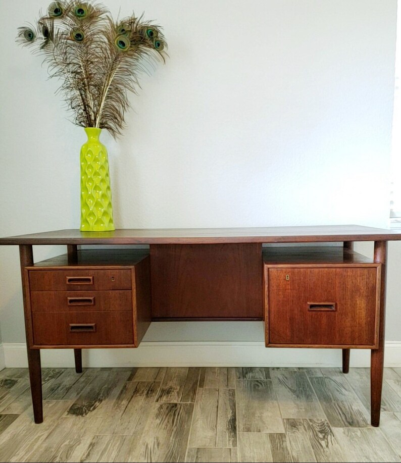 Mid Century Modern Danish Desk Teak Floating Drawers And Cubbies