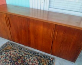 Vintage Mid Century Modern Long solid Teak custom made Console Credenza dresser behind couch under tv cabinet buffet