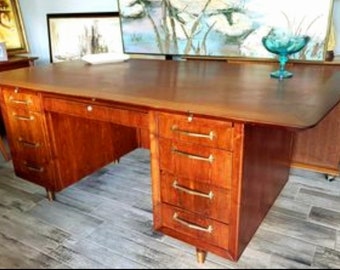 Vintage Mid Century Modern Solid Wood Executive Desk Danish MCM Tanker floating