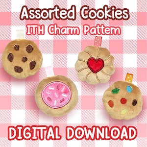 May include: Four different cookie-shaped plush charms with embroidered details. The charms are brown with various colored accents, including pink, red, and green. The charms are labeled "Assorted Cookies ITH Charm Pattern DIGITAL DOWNLOAD".
