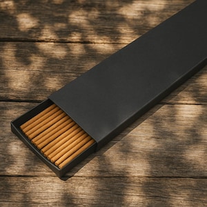 May include: A black rectangular box, partially open, revealing a collection of incense sticks. The incense sticks are a light brown color and are neatly arranged inside the box. The box is set on a wooden surface with natural light and shadows.