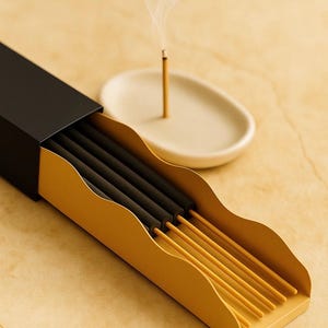 May include: A black and gold incense box containing black incense sticks. A single lit incense stick is emitting smoke, placed on a small, white, oval incense holder. The box and holder are on a light brown surface.