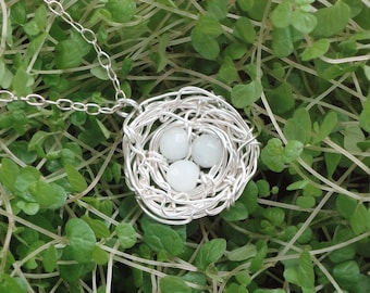 Wire Bird's Nest Pendant with 3 Amazonite "Eggs"