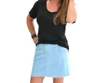 Sandbridge Skirt, raw hem 5 pocket zip fly casual jean skirt mini or pencil length pdf sewing pattern