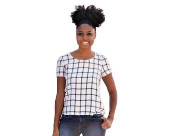Key Largo Top, womens woven short sleeve shirt scoop neck tie hem bias pdf sewing pattern