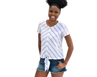 Key Largo Top, womens woven short sleeve shirt scoop neck tie hem bias pdf sewing pattern