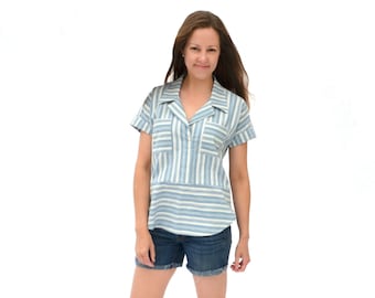 Willamette Shirt, womens woven short sleeve collared shirt,  plain, colorblocked, or cropped hem dolman chest pocket pdf sewing pattern