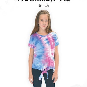 Morrison Tee, girls, juniors, tweens, teens knit dolman shirt, short or long sleeves front tie, hi-low hem sewing pattern pdf sewing pattern