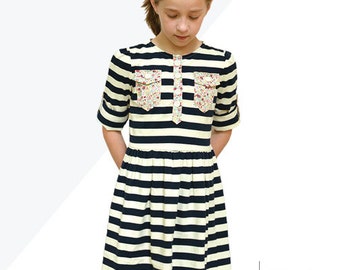Kensington Dress and Tee, girls knit dress or shirt with short or long sleeves, placket, gathered skirt pdf sewing pattern