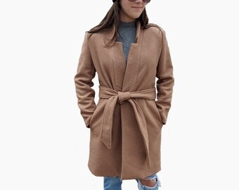 Narva Coat, Sizes 0 - 30, woolen knee-length overcoat, belt, pockets