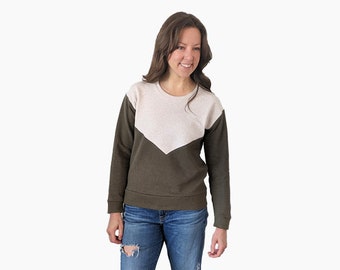 Sitka Sweatshirt, Sizes 0 - 20, dropped sleeve crew neck sweatshirt with chevron colorblocking pdf sewing pattern
